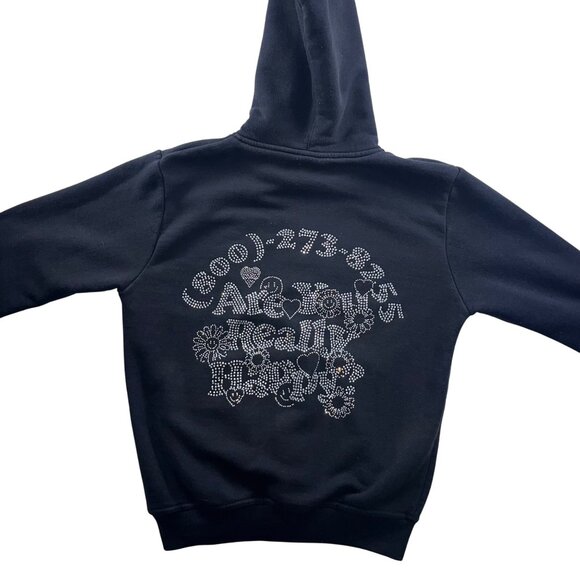 Black "Euphoric" Rhinestone Hoodie With Kangaroo Pocket & Drawstring Hood size s - Picture 9 of 13